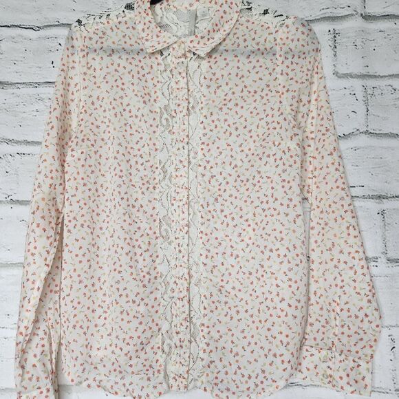 Lauren Conrad Semi Sheer Long Sleeve Button Up Collared Blouse Floral Medium - Picture 12 of 13
